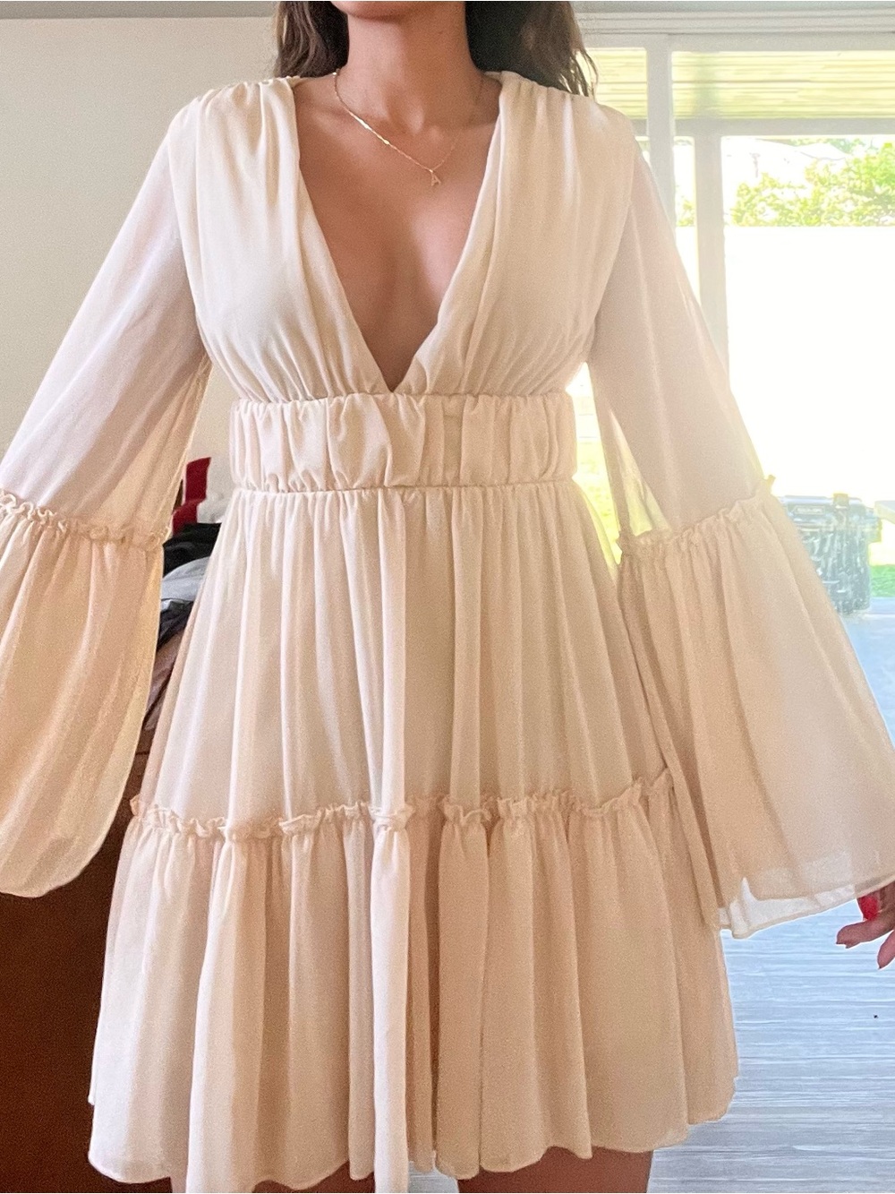 Cream Mini Dress with Deep V-Neck
